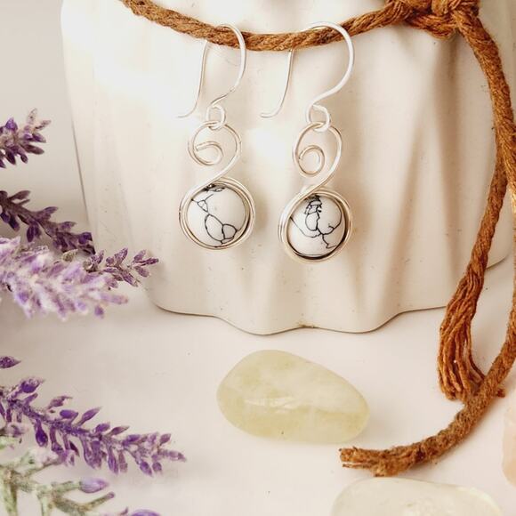 White Howlite Stone Bead Earrings / Silver-plated Wire Wrapped Earrings - Picture 2 of 7